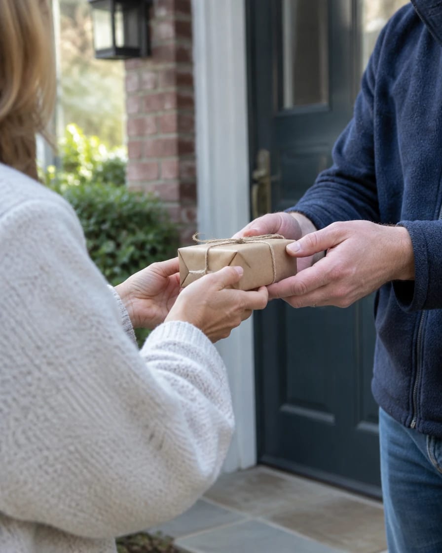 Two neighbours passing a small wrapped object from hand to hand in daylight